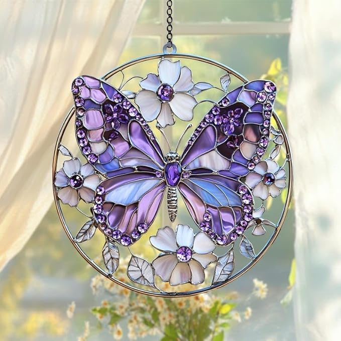 Purple Butterfly Acrylic Suncatcher and Flower Ornament Garden Gift Window Hanging Garden Decor Sun Catchers for Windows Indoor Decorations Outdoor