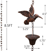 8.5FT Rain Chain, Hummingbird Rain Chains for Gutters, Functional and Decorative Replacement Downspout Chain for Outside, Metal Garden Rainwater Diverter Catcher Chains, Antique Copper