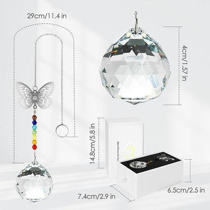 Merrynine Crystal Suncatcher, K9 Crystal Sun Catcher for Window Prism Ball, Unique Pendant Gift, Rainbow Maker with Butterfly Chain for Easy Hanging Indoor Outdoor Decoration (Butterfly Prism Ball)