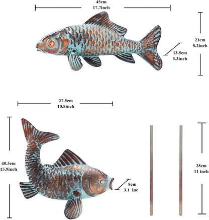 Set of 2 Koi Fish Decor Outdoor Statue Sculpture Garden Pond Fishes Yard Art Antique Copper Koi Sculptures & Statues Large Metal Koi Fish Figurine Ornaments Décor Gifts for Women Mom Grandma