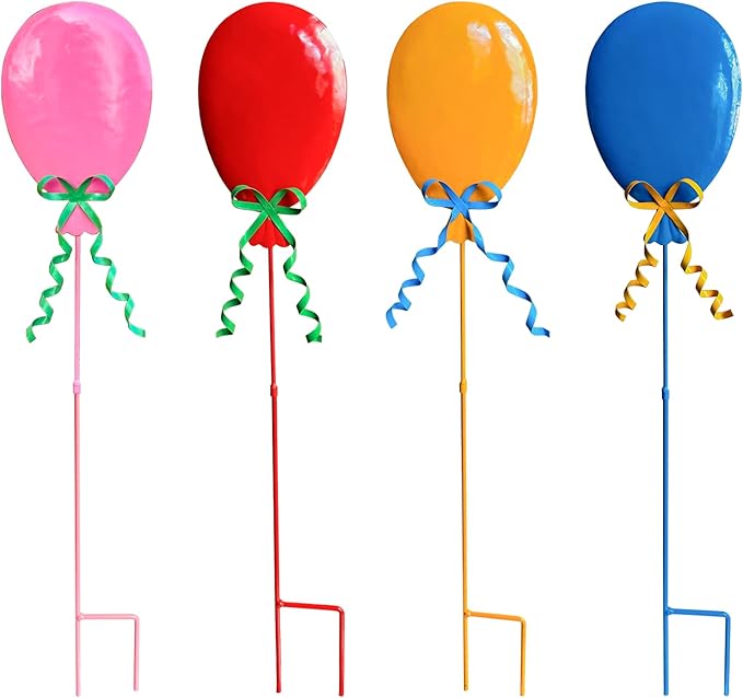 32" Decorative Garden Stakes Set of 4, 3D Metal Balloon Yard Art, Rustproof Metal Garden Decor & Yard Decorations Outdoor, Metal Flowers for Outside in 4 Colors (Blue, Pink, Red, Yellow)