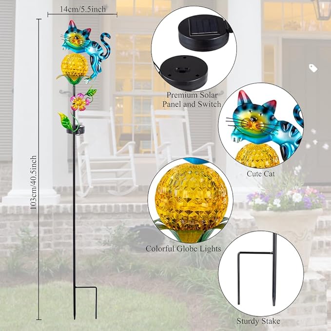 Solar Garden Lights, 2 Pack Cat Solar Lights Outdoor Waterproof Colorful Global Lanscape Lighting, Decorative Metal Yard Art for Pathway, Patio, Lawn