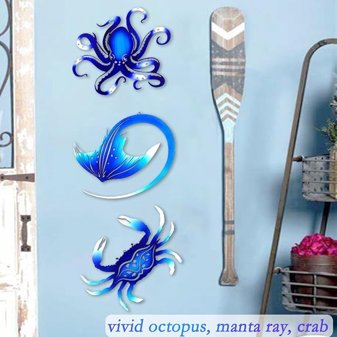 Weibefee Metal Wall Art Decor Octopus Crab Manta Ray Coastal Nautical Ocean Mother's Day Decor Concise 9'' Set of 3 Hanging Mother's Day Decorations Gift for Bathroom Beach Indoor Outdoor Pool Home Bedroom Living Room Blue