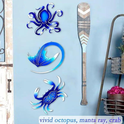 Weibefee Metal Wall Art Decor Octopus Crab Manta Ray Coastal Nautical Ocean Mother's Day Decor Concise 9'' Set of 3 Hanging Mother's Day Decorations Gift for Bathroom Beach Indoor Outdoor Pool Home Bedroom Living Room Blue