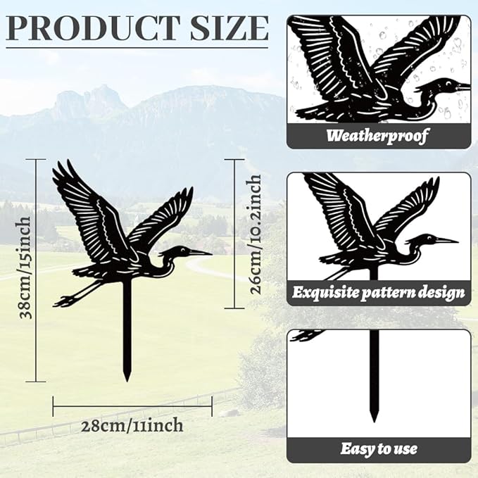 WADORN Flying Egret Metal Decorative Garden Stakes, Black Heron Outdoor Statues Silhouette Funny Bird Wildlife Lover Gifts Stakes Ornaments for All Season Yard Art Garden Patio Backyard Lawn Decor