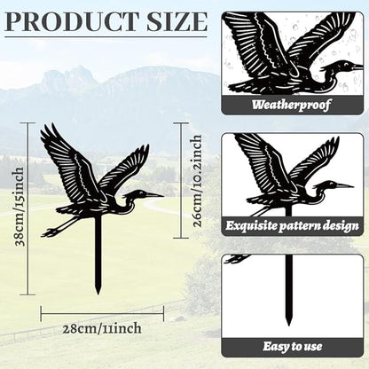 WADORN Flying Egret Metal Decorative Garden Stakes, Black Heron Outdoor Statues Silhouette Funny Bird Wildlife Lover Gifts Stakes Ornaments for All Season Yard Art Garden Patio Backyard Lawn Decor