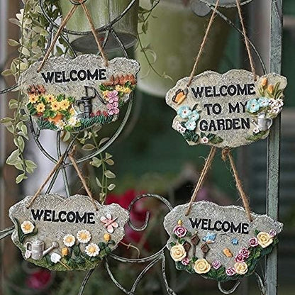 Garden Ornaments Outdoor 4PCS Garden Welcome Listing Card Resin Ornaments Balcony Wall Hanging Pendant Home Courtyard Outdoor Figurines Decoration Crafts Garden Ornaments