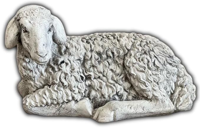 Lamb Laying Statue Concrete Sheep Outdoor Sculpture Painted Figure Farm Animal Figurine Cement Yard Decoration Lawn or Patio Stone Ornament Farmhouse Art
