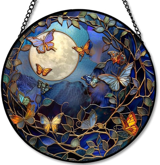 Stained Glass Window Hanging - Bluebird Perched on Branch Artwork 11.8in Sun Catchers Indoor Stained Glass Panels Wall Decor for Mom,Wife,Lovers,Festive
