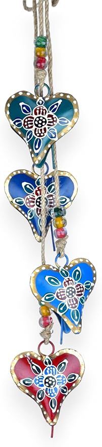 Heart Shaped Metal Bell Chime, Hanging Wind Chime for Outside with 4 HandPainted Bells for Christmas Decorations Cowbells, Jingle Bells, Wind Bell for Craft, Vintage Garland Hanger (Multi 33")