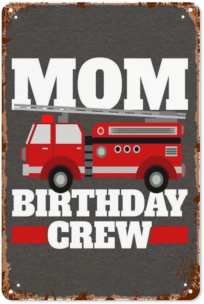 Vintage Tin Metal Sign Mom Of The Birthday Crew Fire Truck 8x12 Inches Retro Wall Decor for Home,Garden,Patio,Office,Kitchen,Bathroom,Living Room,and More! Funny Quotes & Motivational Decorations