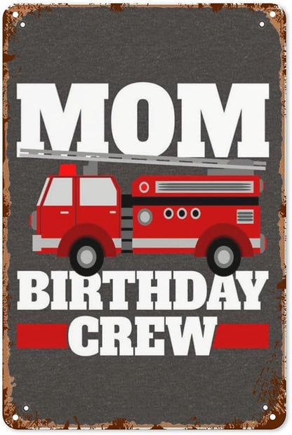 Vintage Tin Metal Sign Mom Of The Birthday Crew Fire Truck 8x12 Inches Retro Wall Decor for Home,Garden,Patio,Office,Kitchen,Bathroom,Living Room,and More! Funny Quotes & Motivational Decorations