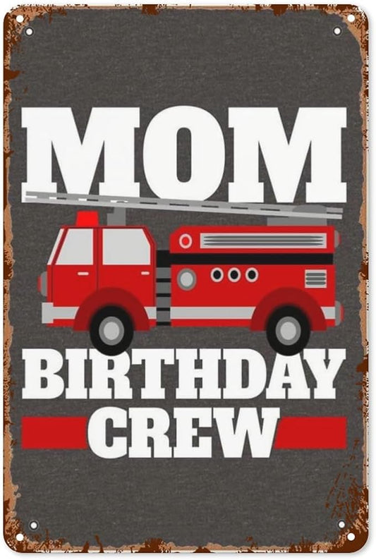 Vintage Tin Metal Sign Mom Of The Birthday Crew Fire Truck 8x12 Inches Retro Wall Decor for Home,Garden,Patio,Office,Kitchen,Bathroom,Living Room,and More! Funny Quotes & Motivational Decorations
