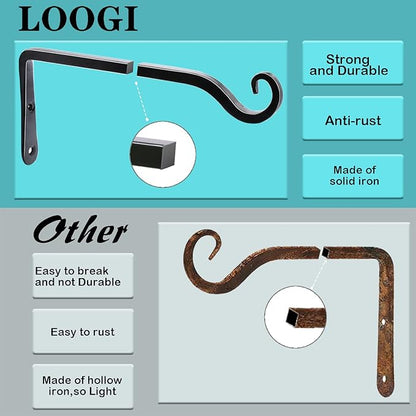 LOOGI Hanging Plant Bracket, Wall Hook Plant Hanger 10 Inch Decorative Hooks for Indoor Planter Lantern, Outdoor Bird Feeder Wind Chime, 2 Pack Black