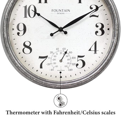 Maison in/Outdoor Clock with Thermometer, 2 in One Weather Station (Weather Thermometer/Wall Decoration) (Galvanized, 13 inch)