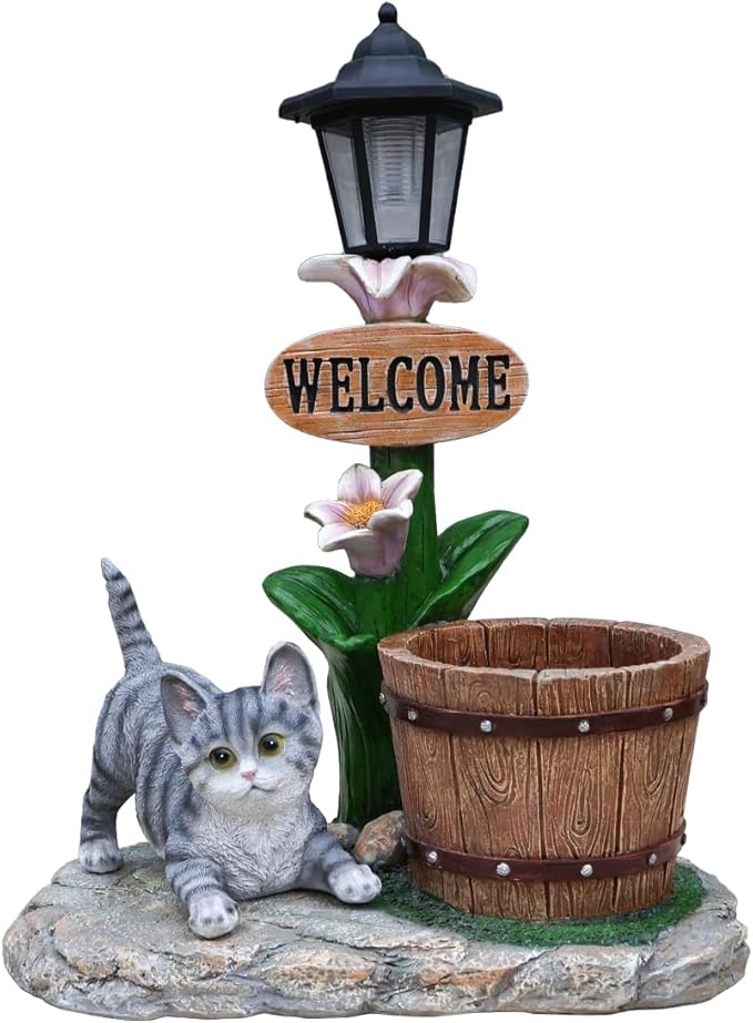 Solar Garden Statue with Planter & Solar Lantern, Outdoor Resin Animal Sculpture, Waterproof Yard Lawn Decor Pot for Succulents, Front Porch Ornament Housewarming Gift(Lying Silver Tabby Cat)