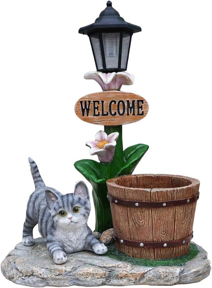 Solar Light Animal Outdoor Statue Planter with Welcome Sign, Resin Garden Sculpture Flower Pot for Patio Lawn Porch Yard Courtyard Decor, Weather-Resistant Decorative Figurine Accent (F)