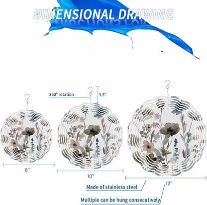 Stainless Steel Wind Spinner for Yard Garden Decoration, Ink Painting Wildflowers Nature Style Round Wind Sculpture Spinner 3D Crafts Hanging Ornaments for Indoor Outdoor, 8 Inch