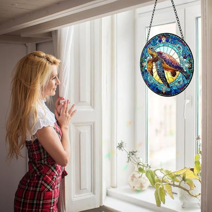 Sea Turtle Suncatcher Stained Glass Window Hanging - 8″ Handmade Suncatchers for Windows Christmas Decorations - Sea Glass Sun Catchers Wall Decor Glass Panel - Sea Turtle Gifts for Women Men Mom
