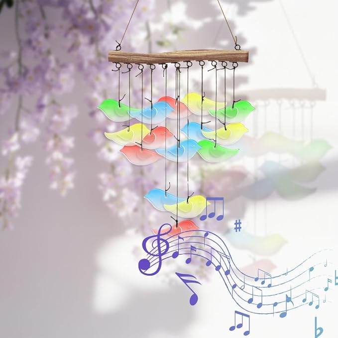 CUTHOLLOW Bird Glass Wind Chimes, 23" Stained Glass Chimes, Handmade Art Glass Windchimes for Outside, Garden, Patio, Balcony, Home, Yard, Best Gift for Xmas Birthday, Spring, Summer