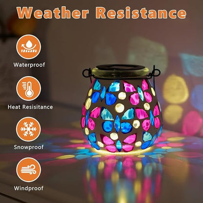 Stargarden 2 Pack Mosaic Solar Lanterns, Glass Hanging Lantern Waterproof Outdoor Hanging Solar Lights Butterfly Decorative Lantern for Garden ,Patio,Yard Decor
