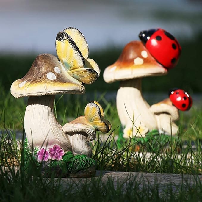 Garden Statue Animal Sculpture Outdoor Decor Gift Resin Mushroom Garden Statues, Outdoor Decor Figurines Patio Yard Lawn Ornaments Fairy Garden Collectibles Front Porch Sculptures(E,12x10x19cm)