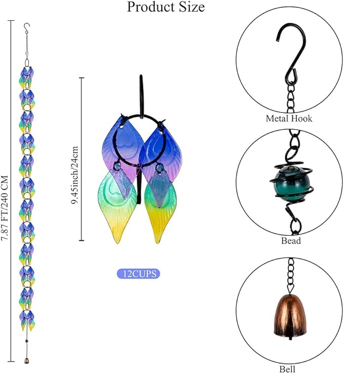 dreamysoul Rain Chains for Outside, 7.87FT Adjustable Glass Rain Chain, Colorful Leaf Rain Catcher Chains for Gutters Downspout, Eaves, Drainage