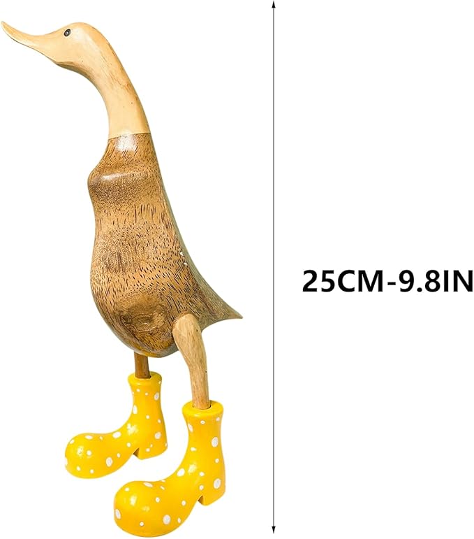 Wooden Crafted Duck Figurine with Spotty Wellies Funny Standing Duck Statues Decorative Resin Rain Boot Animal Sculpture Collectible Crafts Waterproof Garden Lawn Ornament (Yellow, 9.8Inch)