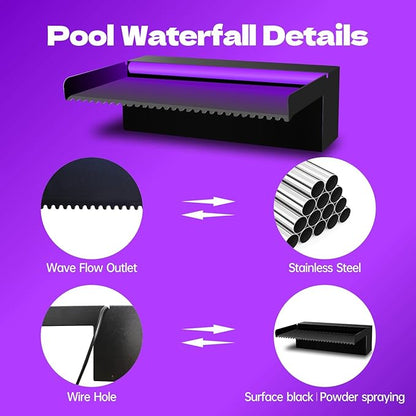 Pamopamo Pool Waterfall Spillway Stainless Steel Pond Fountain, APP Control Colorful LED Lighted Outdoor Black Fountains, Water Flow Spillways Kit for Koi Pond, Swimming Pool, Garden-23.6"x7.8"x3.9"