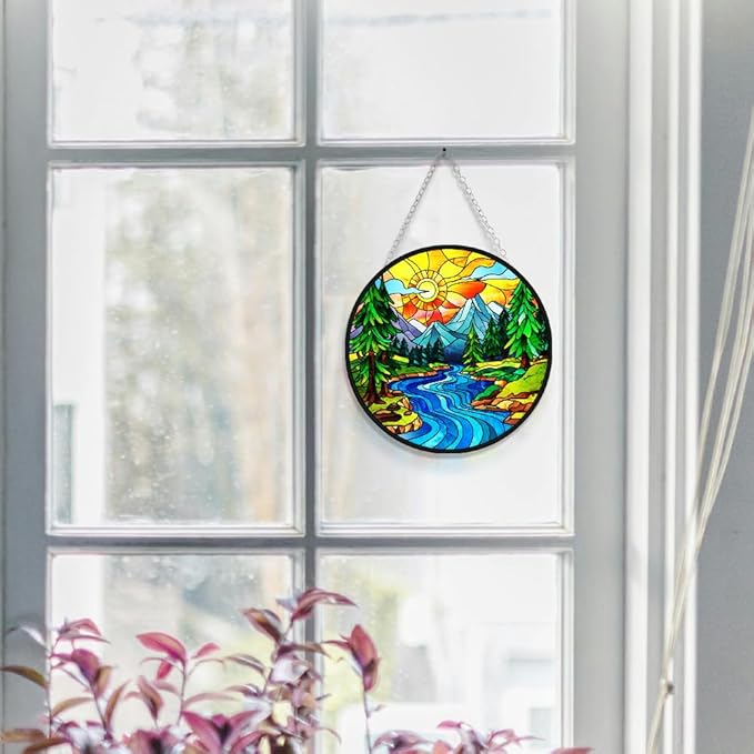 WIRESTER Stained Glass Suncatcher 6 Inch, Glass Panel with Metal Chain, Sun Catcher Window Hanging Ornament for Indoor Outdoor Wall Art Home Decoration - Beautiful Scenery
