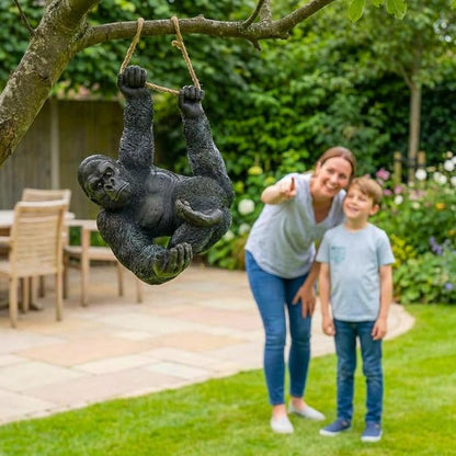 Hanging Gorilla Outdoor Decor, Resin Monkey Statue on Rope for Front Porch Patio Yard Tree Fence, Realistic Animal Garden Ornament for Outside Spaces, 26 in