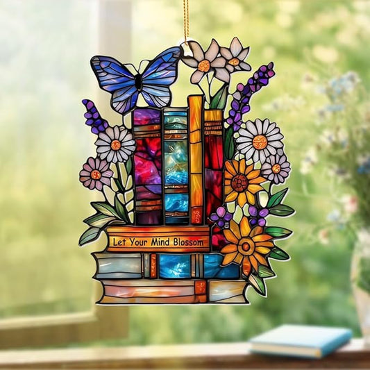 Book Ornament – Stained Glass Style Acrylic Christmas Ornament with,Teacher Back To School Gift, Bookish Gifts For Librarian, BookLovers,Reader, Women, Suncatcher Effect Decor For Christmas Tre,S-18