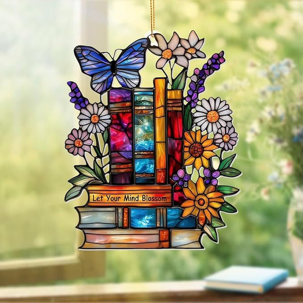Book Ornament – Stained Glass Style Acrylic Christmas Ornament with,Teacher Back To School Gift, Bookish Gifts For Librarian, BookLovers,Reader, Women, Suncatcher Effect Decor For Christmas Tre,S-18