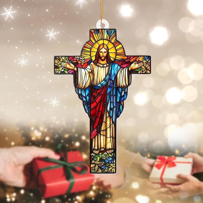 Stained Glass Jesus Cross Car Hanging Ornament – Acrylic Rearview Mirror Charm, Christian Cross Sun Catcher for Car or Home, Inspirational Religious Gift for Men & Women(Sun-29)