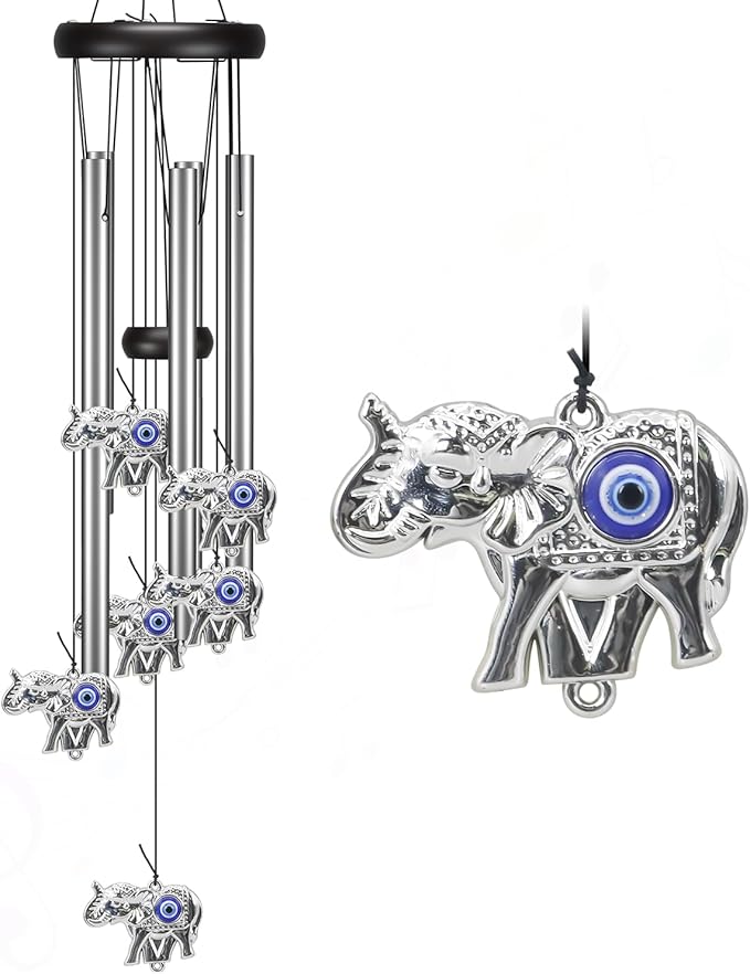 Angel Wind Chimes for Outside, Elephant Gifts for Women, Outdoor/Indoor Decorations for Patio, Porch, Garden Decor, and Backyard (Evil Eye Elephant)