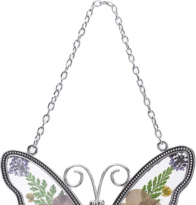 Laraine Butterfly Suncatcher with Pressed Colourful Flower Wings Mother's Day Butterfly Glass Wind Chime Ornament Charm with Metal Heart Gifts for Mom Grandma Birthday (Yellow Mom)