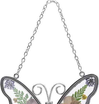 Laraine Butterfly Suncatcher with Pressed Colourful Flower Wings Mother's Day Butterfly Glass Wind Chime Ornament Charm with Metal Heart Gifts for Mom Grandma Birthday (Yellow Mom)