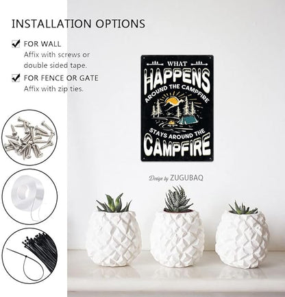 Vintage Metal Funny Camping Tin Sign-What Happens Around The Campfire Stays Around The Campfire Outdoor Porch Patio Home Kitchen Garden Bar Poster Retro Decor Art 8X12 Inch Wall Decor