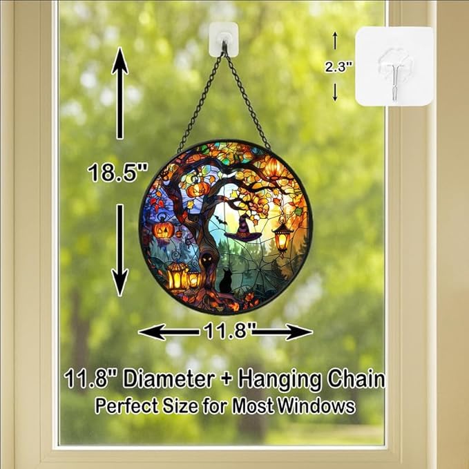 Stained Glass Window Hanging - 11.8in Pumpkin Lanterns and Black Cat Under Magic Tree with Witch Hat Sun Catchers Panel for Indoor Decorative Display for Mom, Wife, Lovers, Festive
