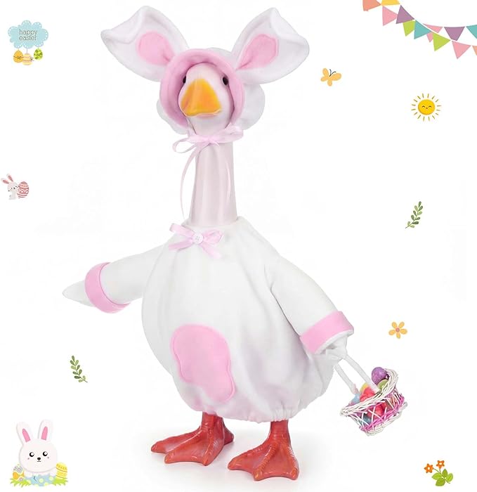 FuWeave Easter Bunny Goose Outfit Easter Egg Porch Goose Costume for Cement Plastic Geese Statue Spring Outdoor Garden Yard Patio Decoration(White,23 Inches,Rabbit)