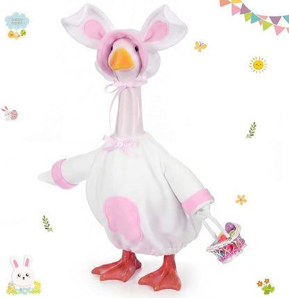 FuWeave Easter Bunny Goose Outfit Easter Egg Porch Goose Costume for Cement Plastic Geese Statue Spring Outdoor Garden Yard Patio Decoration(White,23 Inches,Rabbit)