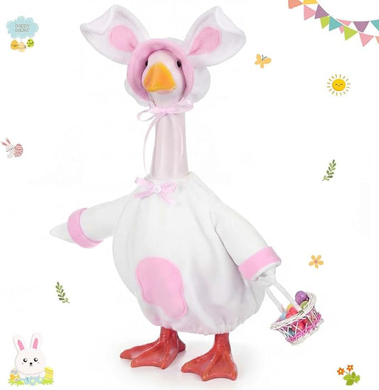 FuWeave Easter Bunny Goose Outfit Easter Egg Porch Goose Costume for Cement Plastic Geese Statue Spring Outdoor Garden Yard Patio Decoration(White,23 Inches,Rabbit)