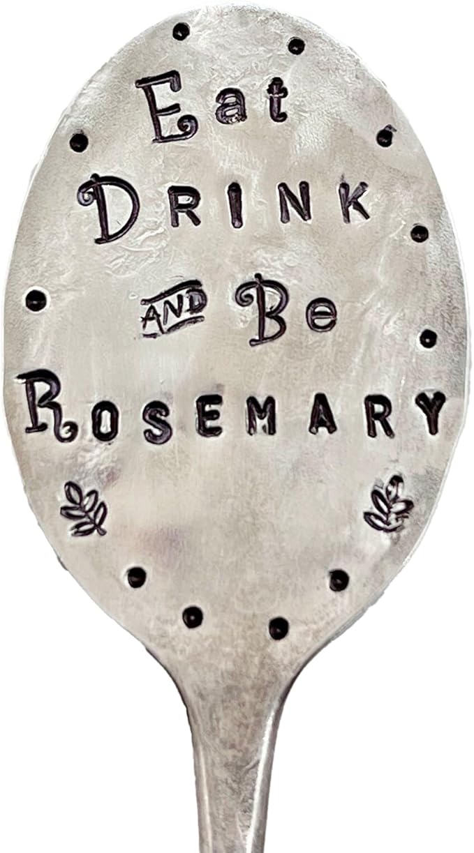 Funny Herb Marker, Eat Drink and Be Rosemary, Vintage Silver plate Spoon hand stamped one letter at a time, Great gift for a gardener