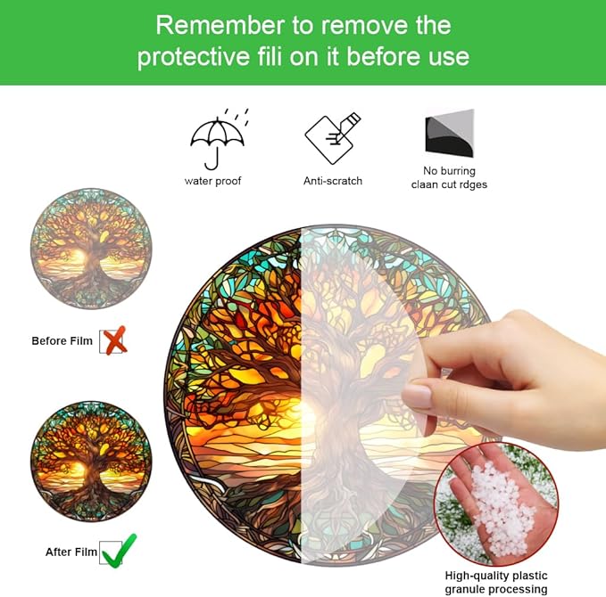 Tree of Life Stained Glass Suncatcher Nature Round Big Trees and Sunset Suncatcher Hanging Decoration with Metal Chain-SunCatchers for Window Decor Outdoor Garden Decor Gift,1PC