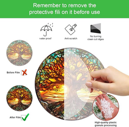 Tree of Life Stained Glass Suncatcher Nature Round Big Trees and Sunset Suncatcher Hanging Decoration with Metal Chain-SunCatchers for Window Decor Outdoor Garden Decor Gift,1PC