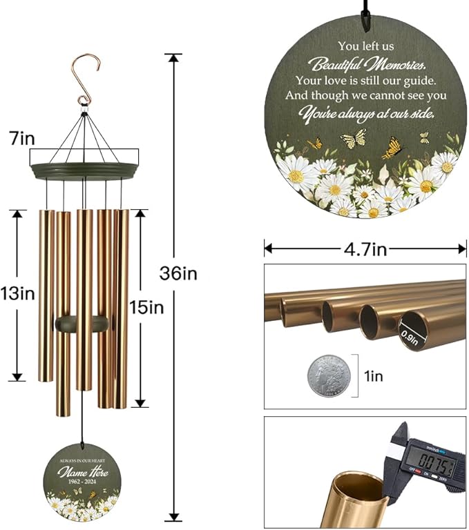 Personalized Sympathy Wind Chimes, Daisy Butterfly Memorial Wind Chimes, in Memory for Loss of Loved Mom/Grandma, Memorial Gifts Wind Chime Deep Tone Outdoor (Produced in USA)