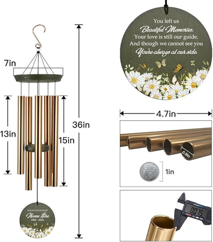 Personalized Sympathy Wind Chimes, Daisy Butterfly Memorial Wind Chimes, in Memory for Loss of Loved Mom/Grandma, Memorial Gifts Wind Chime Deep Tone Outdoor (Produced in USA)