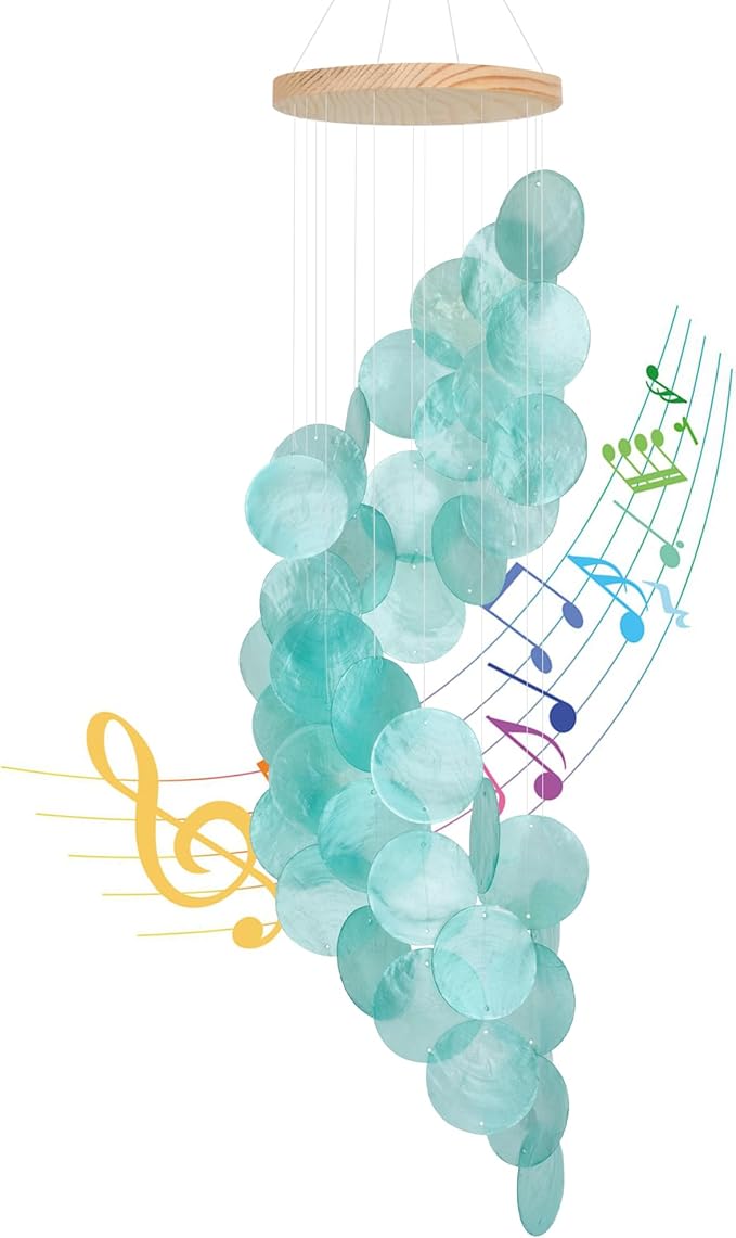 Seashell Wind Chimes for Outside - Handcrafted Turquoise Spiral Shape Capiz Shells Windchime Coastal Style Decor for Indoor/Outdoors, Garden & Beach Hanging Decor for Wind Chimes Lovers and More
