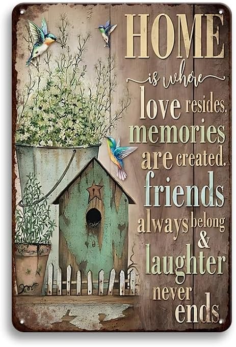 YOYI ART Garden Patio Signs for Outside - Vintage Metal Tin Signs, Humming-bird and Flower, Outdoor Wall Decor for Patio, Backyard, Garden Fence, Porch, Farm House and Yard Wall Art Decor, 8 x 12 inch