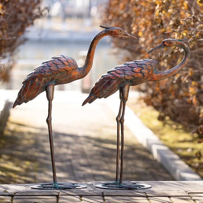 Metal Crane Garden Statues for Outdoor, Stainless Steel Antique Patina Standing Blue Heron Decoy, Large Sandhill Cranes Sculptures for Yard and Garden, Bird Yard Art for Patio Lawn Backyard Pond